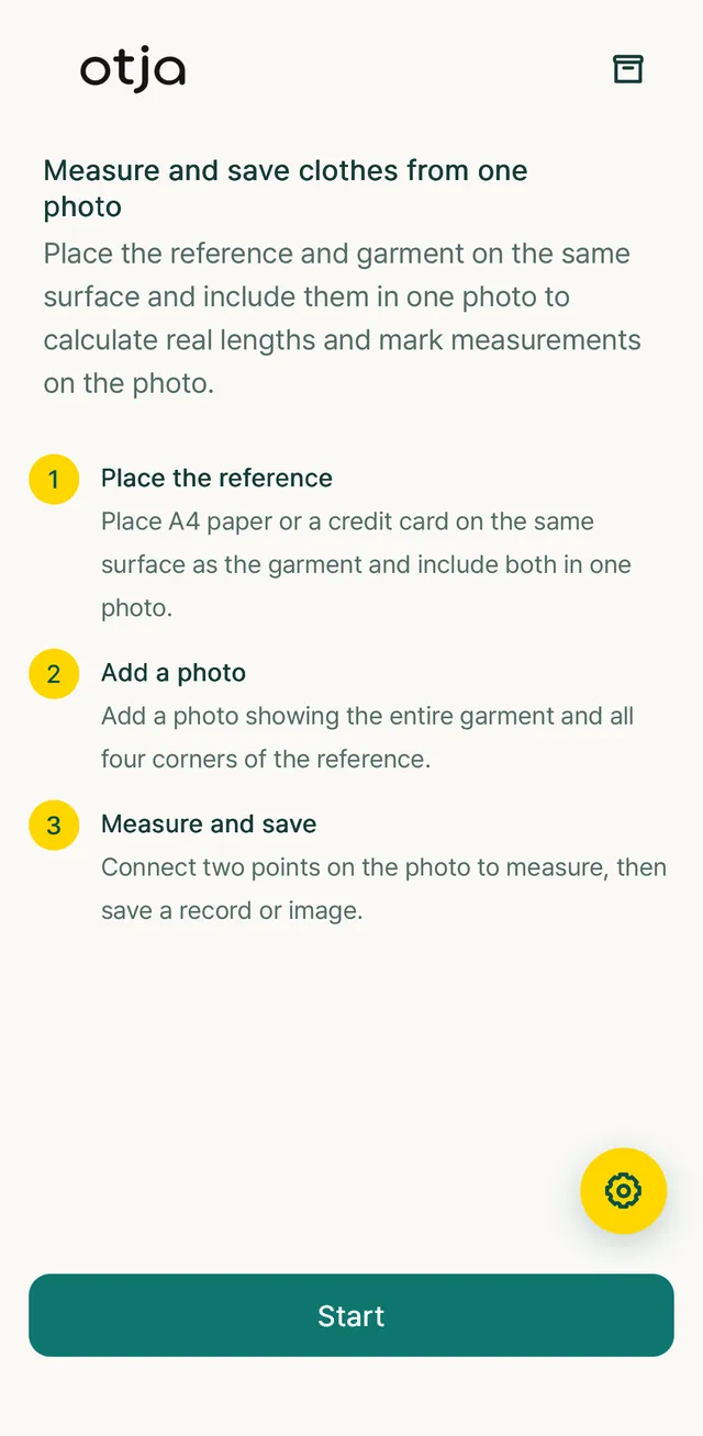 Otja start screen: three steps — place the reference, add a photo, measure and save